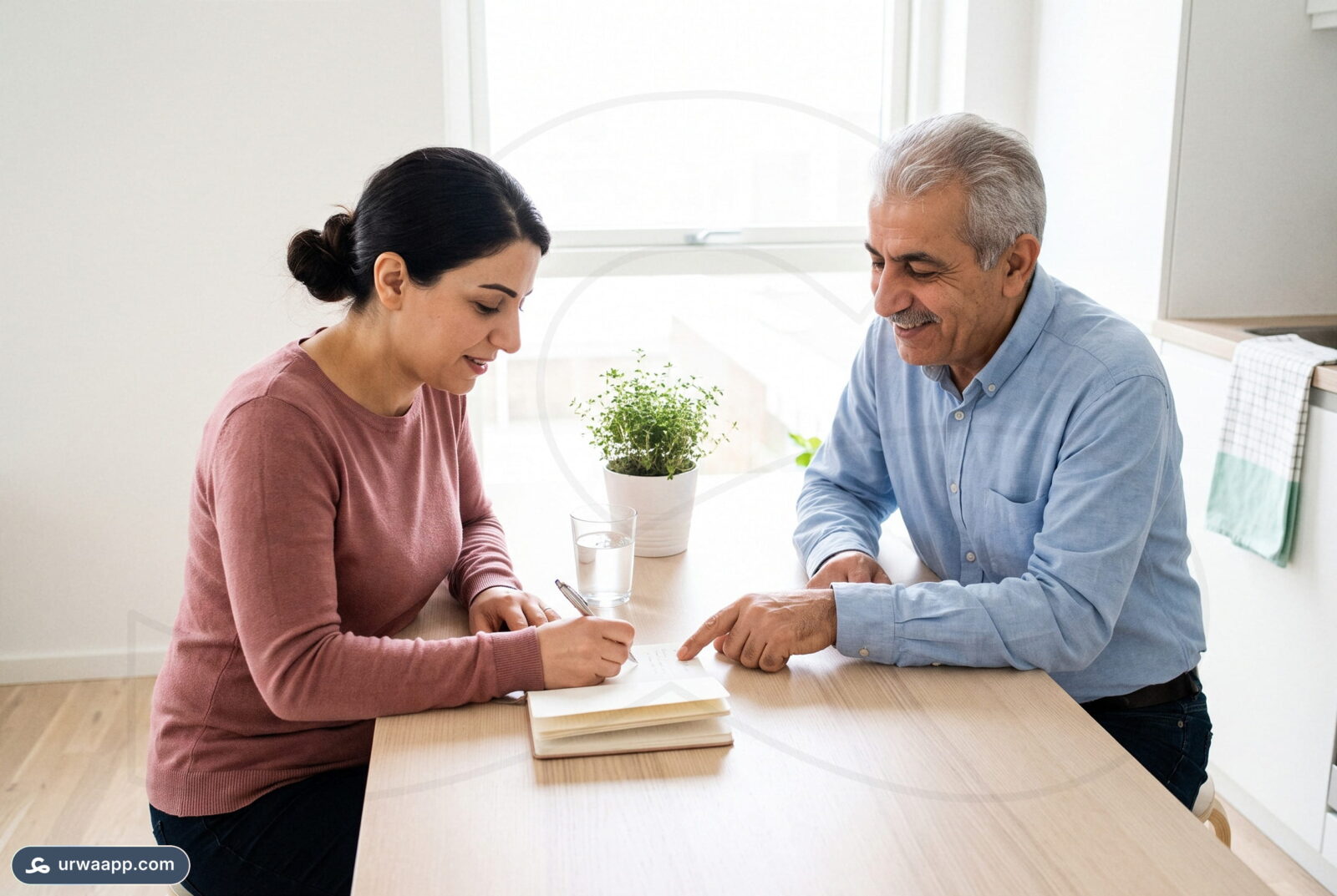 تدوّن الابنة موعد متابعة القسطرة في دفتر صغير بينما يشير والدها إلى الصفحة