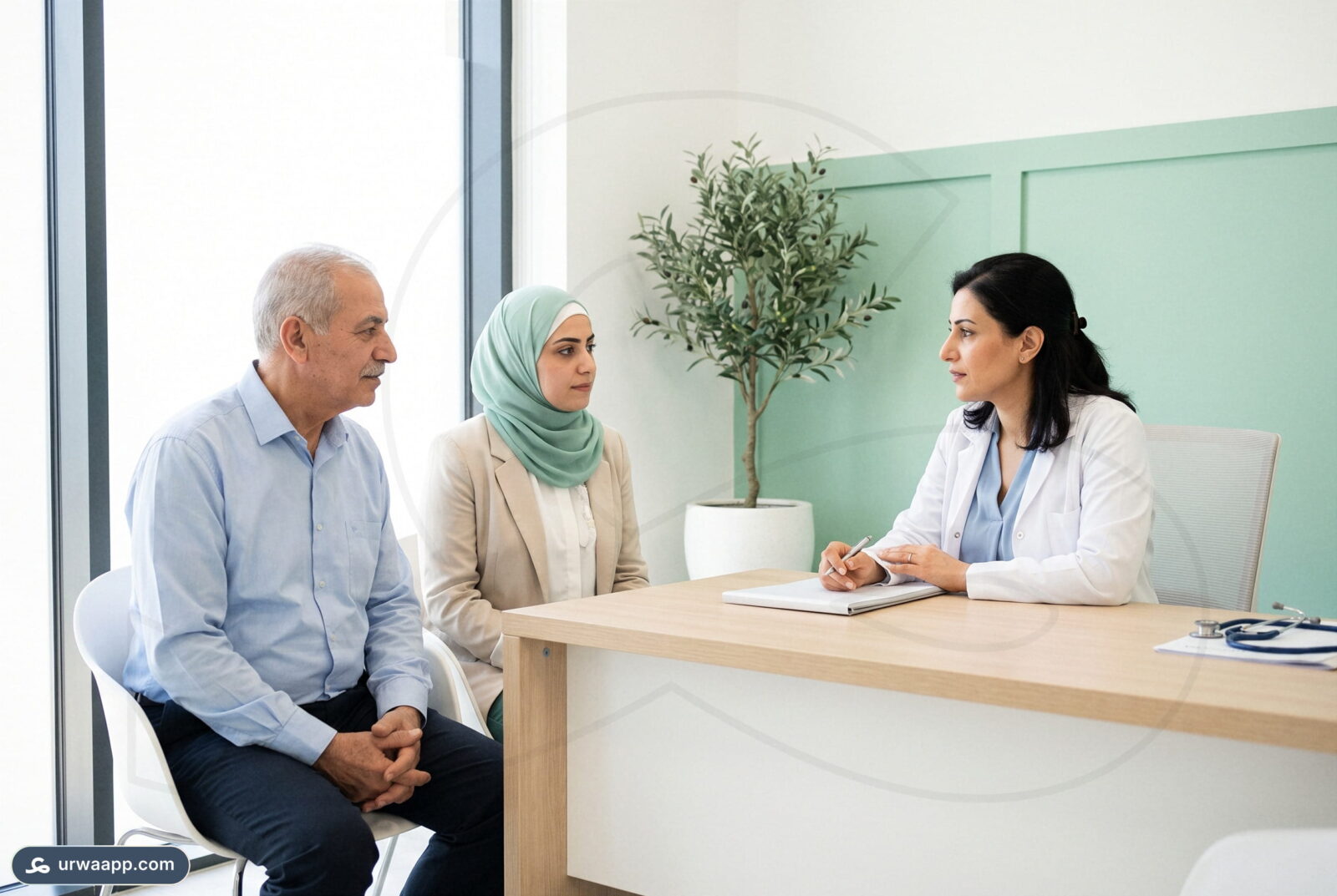 يستمع الأب وابنته إلى طبيبة التخدير في زيارة ما قبل العملية داخل عيادة مضاءة بالنهار