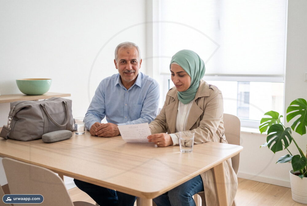 يراجع الأب وابنته الورقة معاً في المطبخ استعداداً لليلة الصيام قبل العملية