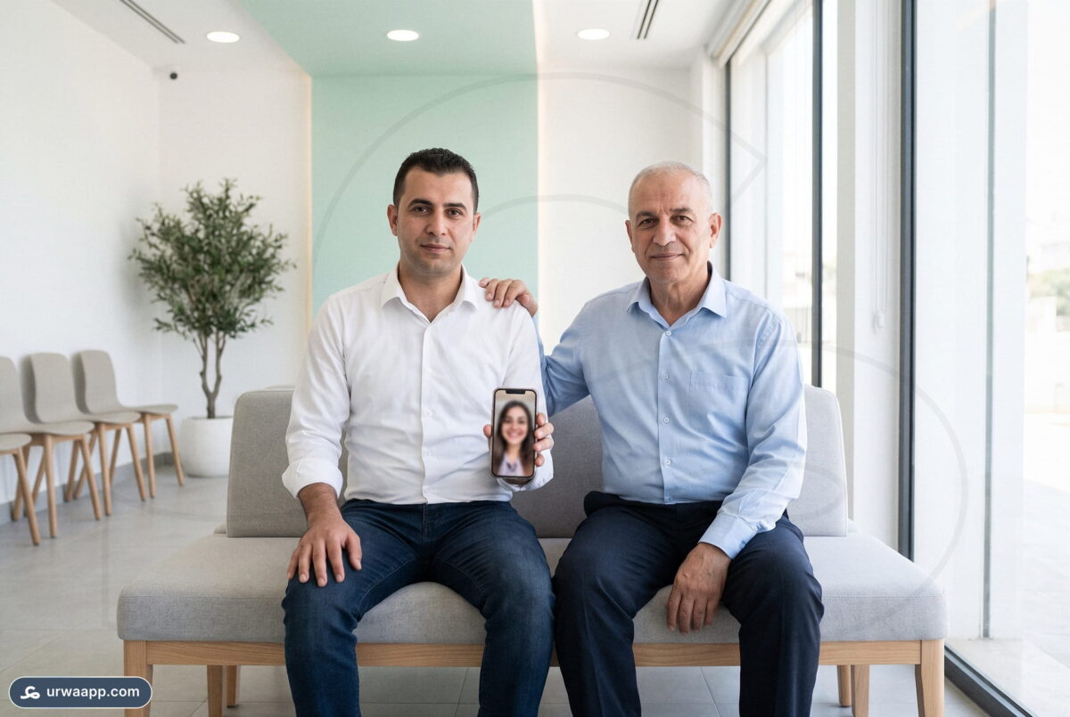 أب يضع يده على كتف ابنه في ممر عيادة مشرق ويريه هاتفه شاشة مكالمة فيديو مع أخته قبل عملية القلب المفتوح
