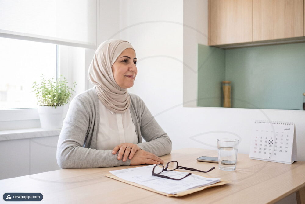 امرأة سورية تجلس في مطبخها صباحا أمام تحليل السيولة المطبوع ونظارة القراءة وكوب ماء وتقويم حائط بجانبها