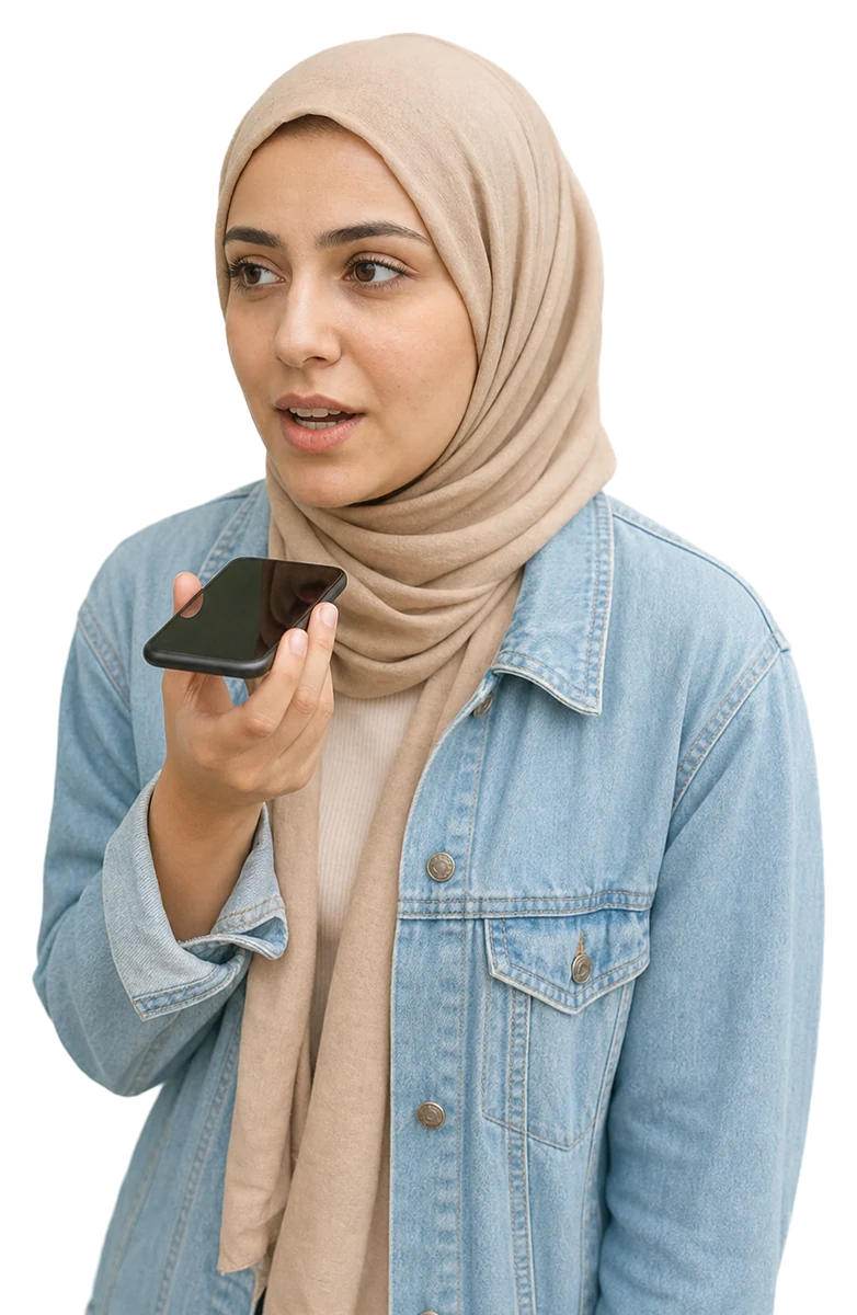 شابة في العشرينات تتحدث إلى هاتفها كأنها تسجّل رسالة صوتية
